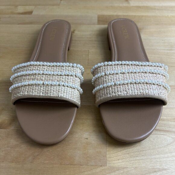 J. Crew Factory Pearl Slide Sandals Woven‎ Raffia Slip On Flat BN877 Size 7 - Picture 2 of 7